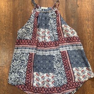 High-Neck Patchwork Print Tank Top in Navy & Red